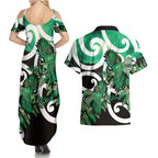Piwakawaka New Zealand Matariki Couples Matching Summer Maxi Dress and Hawaiian Shirt Maori New Year Silver Fern Green Galaxy