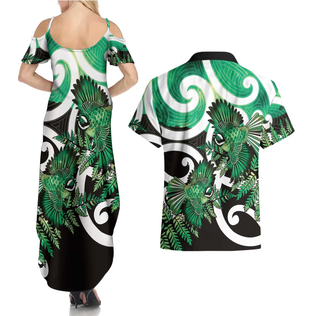 Piwakawaka New Zealand Matariki Couples Matching Summer Maxi Dress and Hawaiian Shirt Maori New Year Silver Fern Green Galaxy