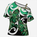 Piwakawaka New Zealand Matariki Cross Shoulder Shirt Maori New Year Silver Fern Green Galaxy