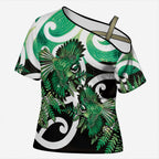 Piwakawaka New Zealand Matariki Cross Shoulder Shirt Maori New Year Silver Fern Green Galaxy