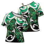 Piwakawaka New Zealand Matariki Cross Shoulder Shirt Maori New Year Silver Fern Green Galaxy