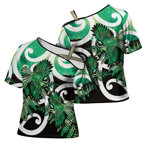 Piwakawaka New Zealand Matariki Cross Shoulder Shirt Maori New Year Silver Fern Green Galaxy
