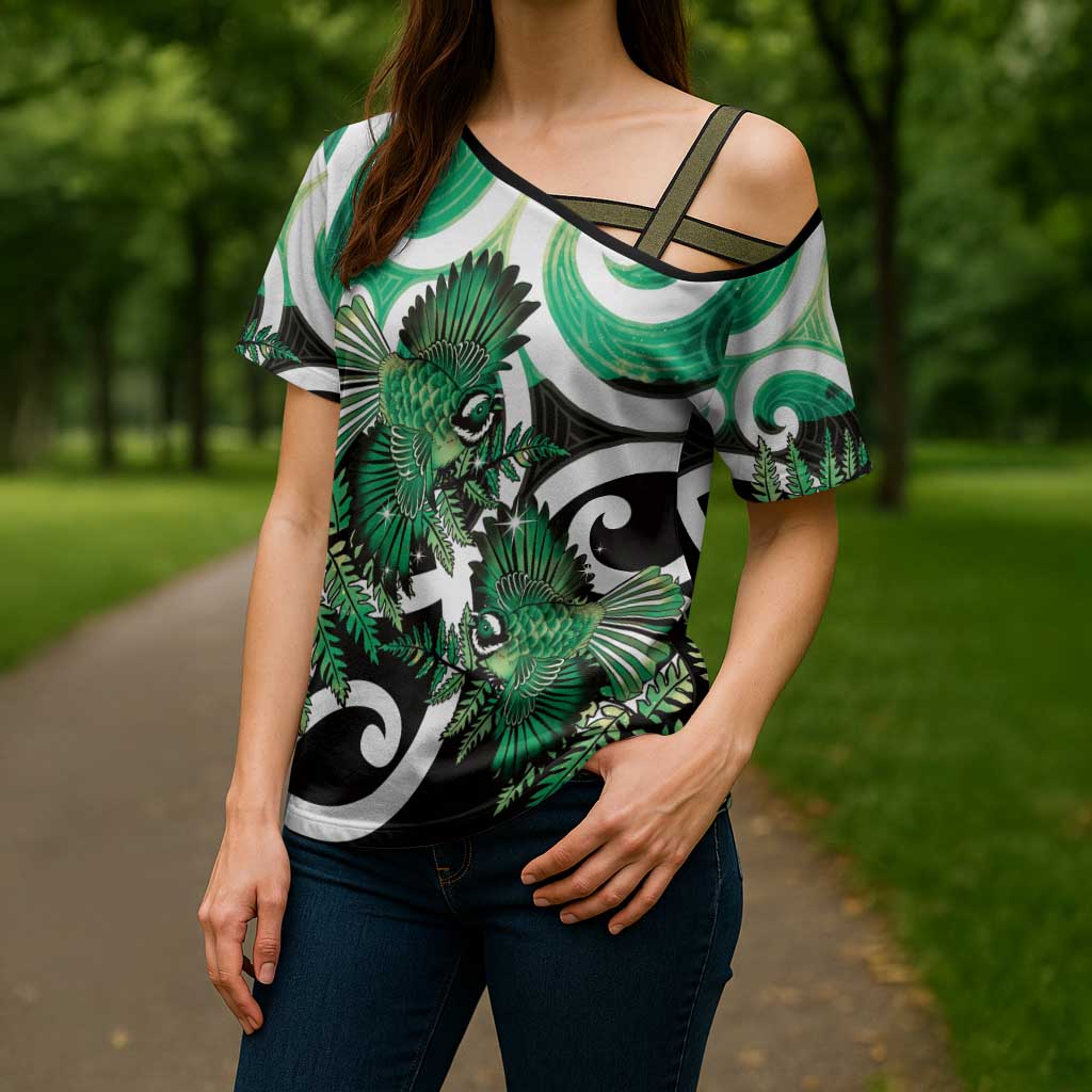 Piwakawaka New Zealand Matariki Cross Shoulder Shirt Maori New Year Silver Fern Green Galaxy