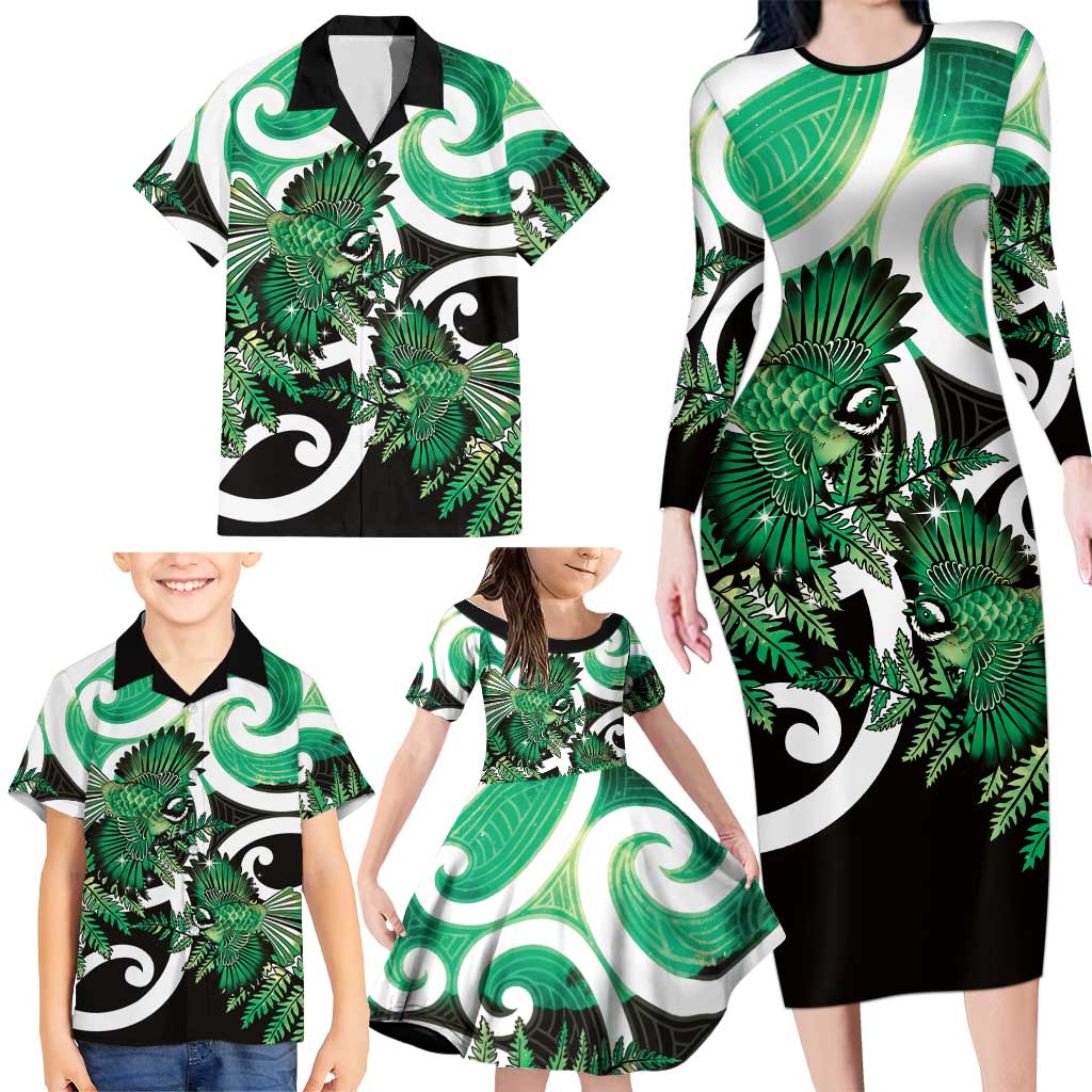 Piwakawaka New Zealand Matariki Family Matching Long Sleeve Bodycon Dress and Hawaiian Shirt Maori New Year Silver Fern Green Galaxy