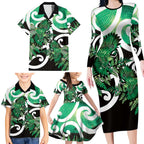 Piwakawaka New Zealand Matariki Family Matching Long Sleeve Bodycon Dress and Hawaiian Shirt Maori New Year Silver Fern Green Galaxy