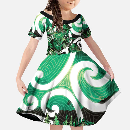 Piwakawaka New Zealand Matariki Family Matching Long Sleeve Bodycon Dress and Hawaiian Shirt Maori New Year Silver Fern Green Galaxy