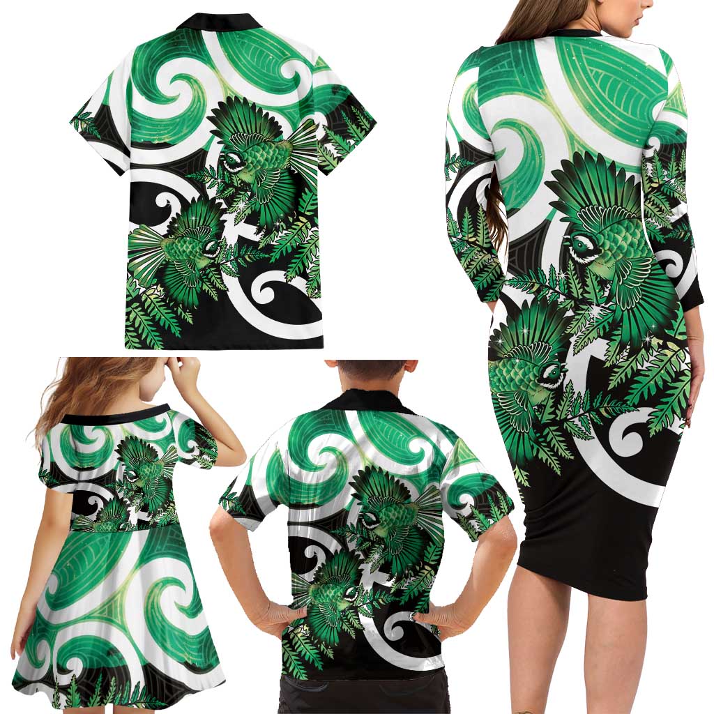 Piwakawaka New Zealand Matariki Family Matching Long Sleeve Bodycon Dress and Hawaiian Shirt Maori New Year Silver Fern Green Galaxy