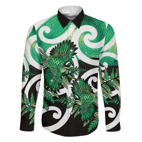 Piwakawaka New Zealand Matariki Family Matching Long Sleeve Bodycon Dress and Hawaiian Shirt Maori New Year Silver Fern Green Galaxy