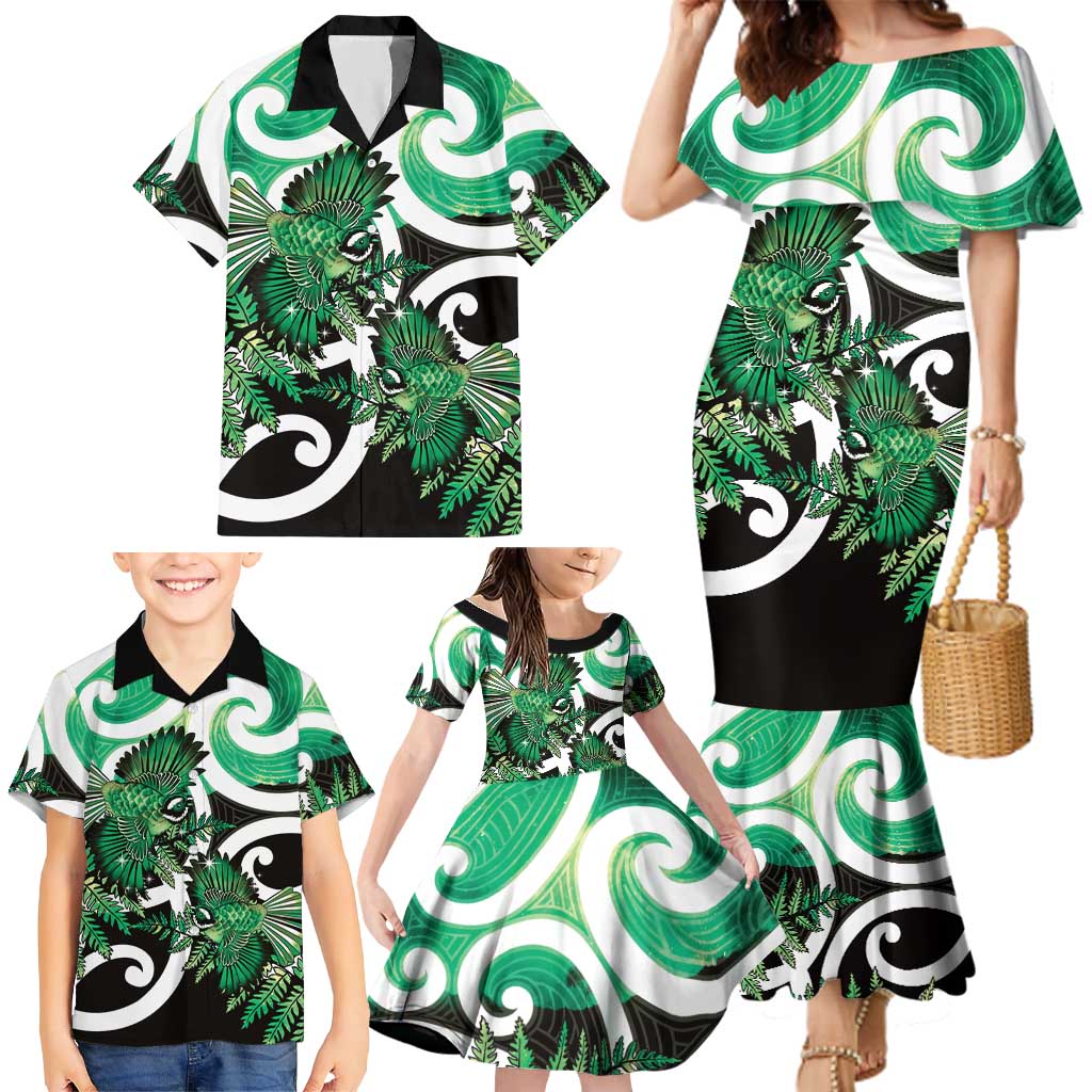 Piwakawaka New Zealand Matariki Family Matching Mermaid Dress and Hawaiian Shirt Maori New Year Silver Fern Green Galaxy
