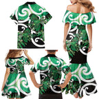 Piwakawaka New Zealand Matariki Family Matching Mermaid Dress and Hawaiian Shirt Maori New Year Silver Fern Green Galaxy