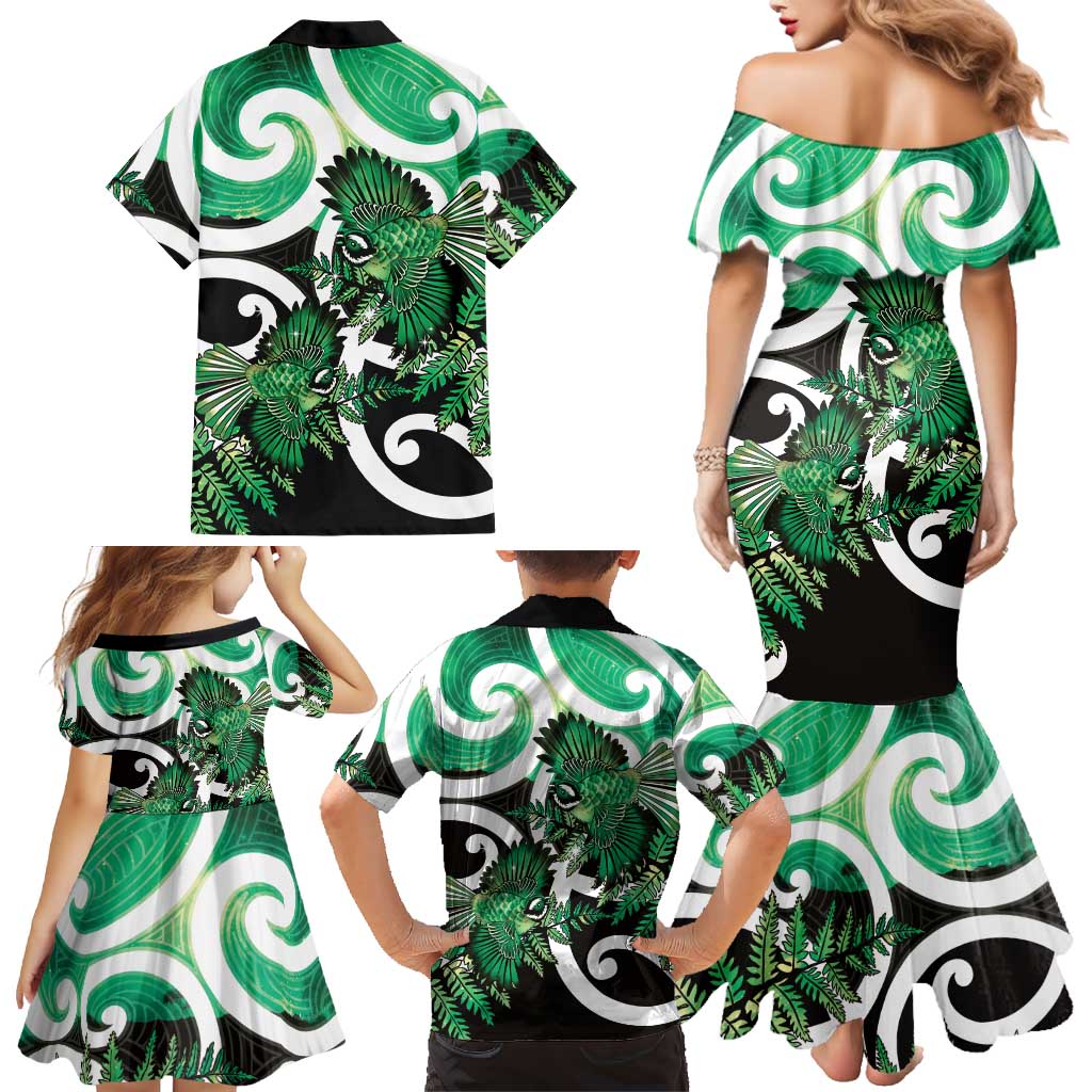 Piwakawaka New Zealand Matariki Family Matching Mermaid Dress and Hawaiian Shirt Maori New Year Silver Fern Green Galaxy