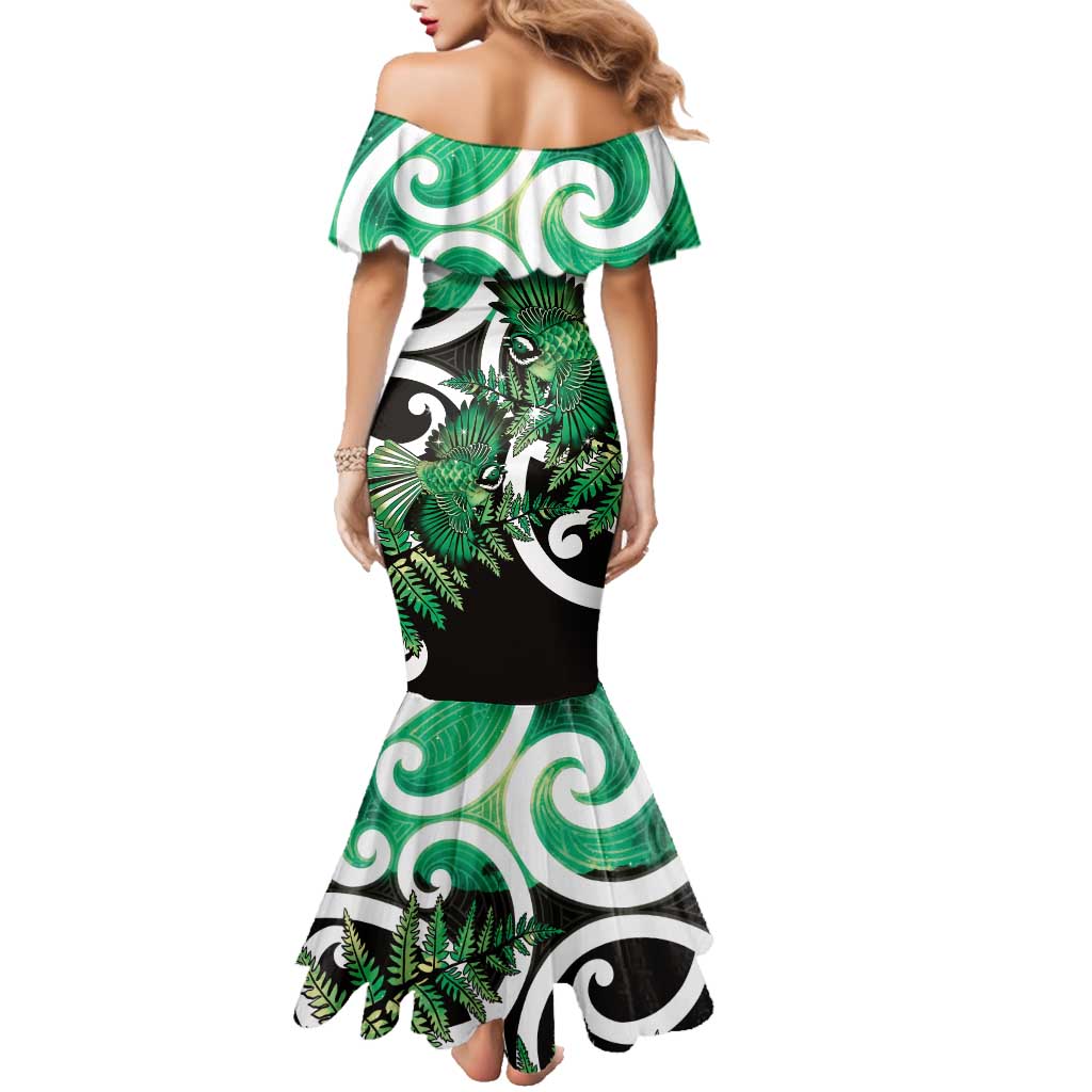 Piwakawaka New Zealand Matariki Family Matching Mermaid Dress and Hawaiian Shirt Maori New Year Silver Fern Green Galaxy