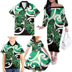 Piwakawaka New Zealand Matariki Family Matching Off The Shoulder Long Sleeve Dress and Hawaiian Shirt Maori New Year Silver Fern Green Galaxy