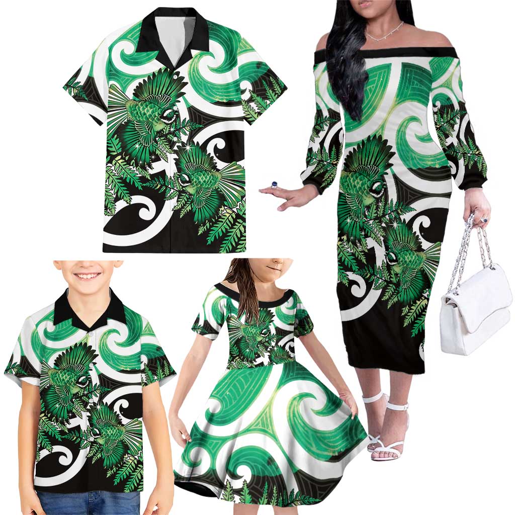 Piwakawaka New Zealand Matariki Family Matching Off The Shoulder Long Sleeve Dress and Hawaiian Shirt Maori New Year Silver Fern Green Galaxy