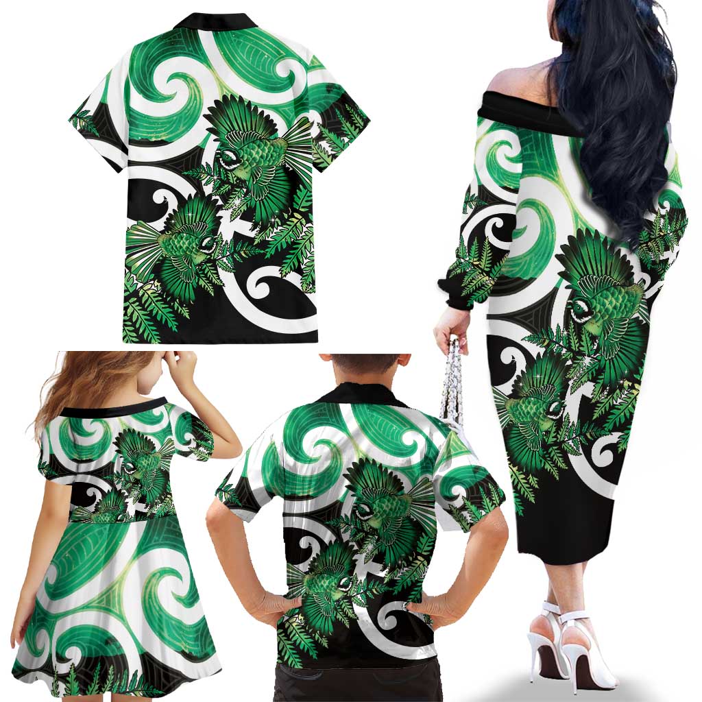 Piwakawaka New Zealand Matariki Family Matching Off The Shoulder Long Sleeve Dress and Hawaiian Shirt Maori New Year Silver Fern Green Galaxy