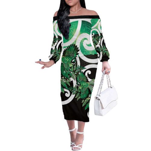 Piwakawaka New Zealand Matariki Family Matching Off The Shoulder Long Sleeve Dress and Hawaiian Shirt Maori New Year Silver Fern Green Galaxy