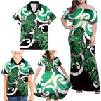 Piwakawaka New Zealand Matariki Family Matching Off Shoulder Maxi Dress and Hawaiian Shirt Maori New Year Silver Fern Green Galaxy