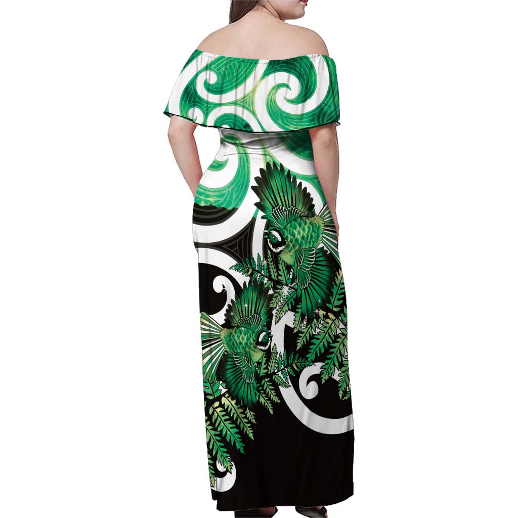 Piwakawaka New Zealand Matariki Family Matching Off Shoulder Maxi Dress and Hawaiian Shirt Maori New Year Silver Fern Green Galaxy