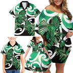 Piwakawaka New Zealand Matariki Family Matching Off Shoulder Short Dress and Hawaiian Shirt Maori New Year Silver Fern Green Galaxy
