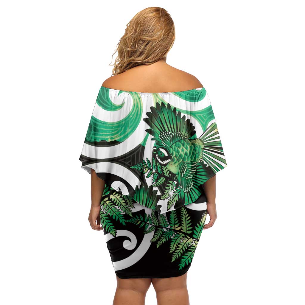 Piwakawaka New Zealand Matariki Family Matching Off Shoulder Short Dress and Hawaiian Shirt Maori New Year Silver Fern Green Galaxy