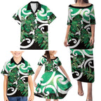Piwakawaka New Zealand Matariki Family Matching Puletasi and Hawaiian Shirt Maori New Year Silver Fern Green Galaxy