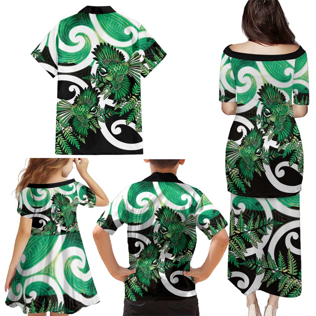 Piwakawaka New Zealand Matariki Family Matching Puletasi and Hawaiian Shirt Maori New Year Silver Fern Green Galaxy