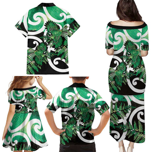 Piwakawaka New Zealand Matariki Family Matching Puletasi and Hawaiian Shirt Maori New Year Silver Fern Green Galaxy