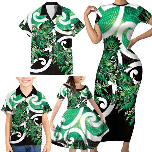 Piwakawaka New Zealand Matariki Family Matching Short Sleeve Bodycon Dress and Hawaiian Shirt Maori New Year Silver Fern Green Galaxy