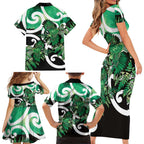 Piwakawaka New Zealand Matariki Family Matching Short Sleeve Bodycon Dress and Hawaiian Shirt Maori New Year Silver Fern Green Galaxy