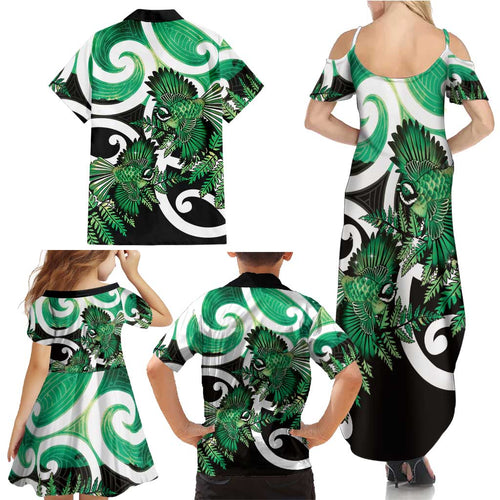 Piwakawaka New Zealand Matariki Family Matching Summer Maxi Dress and Hawaiian Shirt Maori New Year Silver Fern Green Galaxy