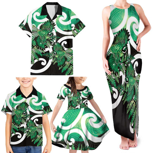 Piwakawaka New Zealand Matariki Family Matching Tank Maxi Dress and Hawaiian Shirt Maori New Year Silver Fern Green Galaxy