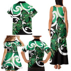 Piwakawaka New Zealand Matariki Family Matching Tank Maxi Dress and Hawaiian Shirt Maori New Year Silver Fern Green Galaxy