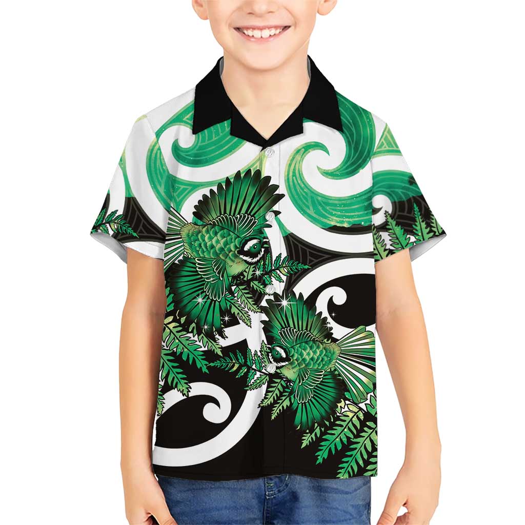 Piwakawaka New Zealand Matariki Hawaiian Shirt Maori New Year Silver Fern Green Galaxy