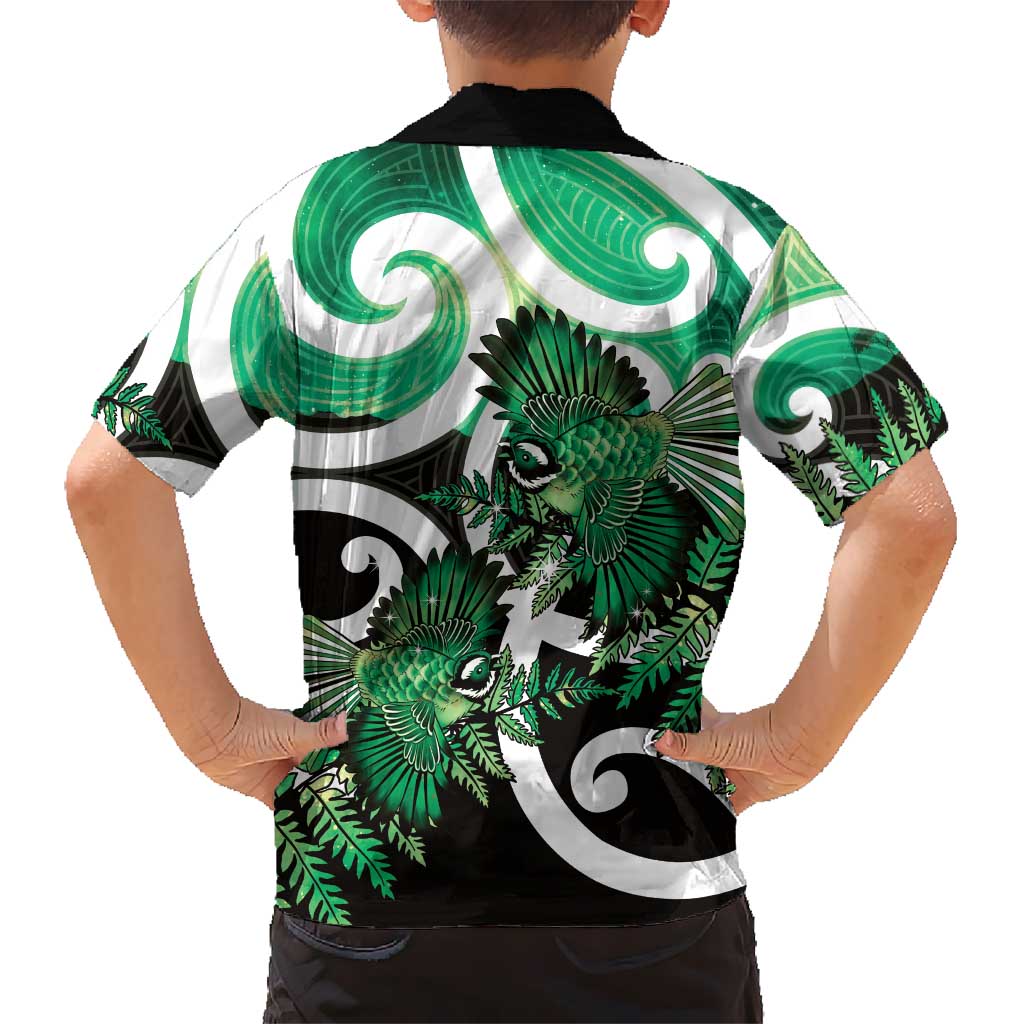 Piwakawaka New Zealand Matariki Kid Hawaiian Shirt Maori New Year Silver Fern Green Galaxy