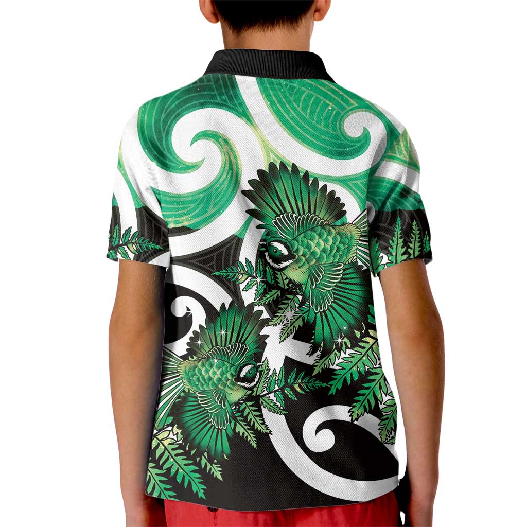Piwakawaka New Zealand Matariki Kid Polo Shirt Maori New Year Silver Fern Green Galaxy