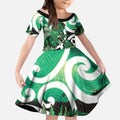 Piwakawaka New Zealand Matariki Kid Short Sleeve Dress Maori New Year Silver Fern Green Galaxy