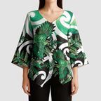 Piwakawaka New Zealand Matariki Kimono Sleeve Blouse Maori New Year Silver Fern Green Galaxy