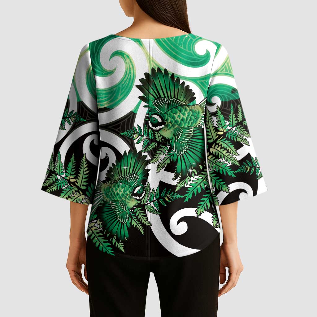 Piwakawaka New Zealand Matariki Kimono Sleeve Blouse Maori New Year Silver Fern Green Galaxy