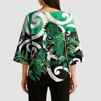 Piwakawaka New Zealand Matariki Kimono Sleeve Blouse Maori New Year Silver Fern Green Galaxy