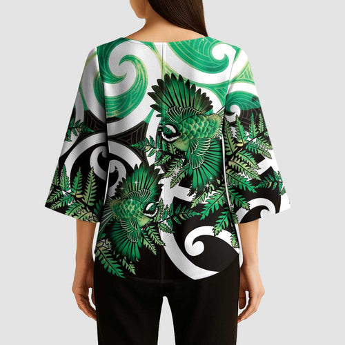 Piwakawaka New Zealand Matariki Kimono Sleeve Blouse Maori New Year Silver Fern Green Galaxy