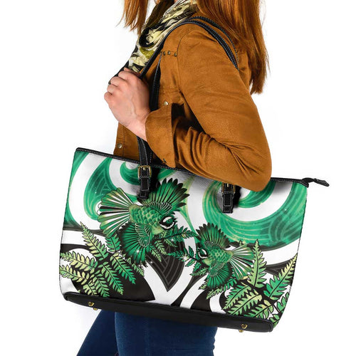 Piwakawaka New Zealand Matariki Leather Tote Bag Maori New Year Silver Fern Green Galaxy