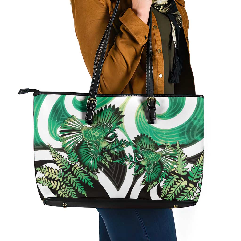Piwakawaka New Zealand Matariki Leather Tote Bag Maori New Year Silver Fern Green Galaxy