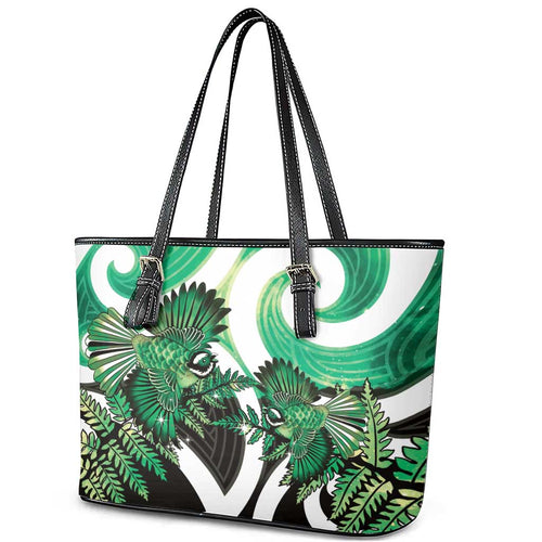 Piwakawaka New Zealand Matariki Leather Tote Bag Maori New Year Silver Fern Green Galaxy
