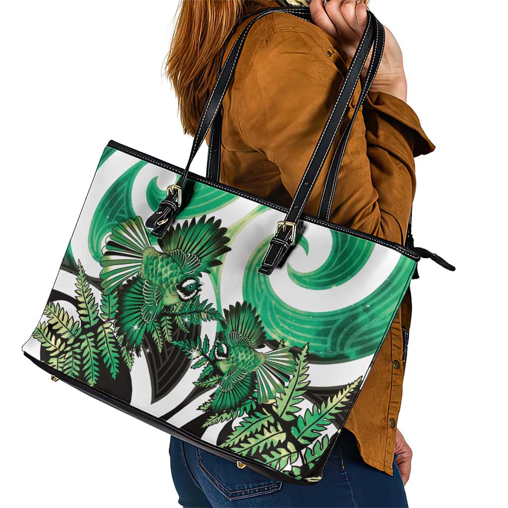 Piwakawaka New Zealand Matariki Leather Tote Bag Maori New Year Silver Fern Green Galaxy