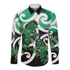 Piwakawaka New Zealand Matariki Long Sleeve Button Shirt Maori New Year Silver Fern Green Galaxy