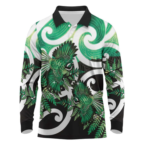Piwakawaka New Zealand Matariki Long Sleeve Polo Shirt Maori New Year Silver Fern Green Galaxy