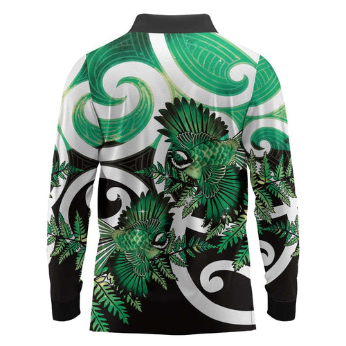 Piwakawaka New Zealand Matariki Long Sleeve Polo Shirt Maori New Year Silver Fern Green Galaxy