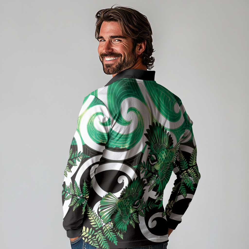 Piwakawaka New Zealand Matariki Long Sleeve Polo Shirt Maori New Year Silver Fern Green Galaxy