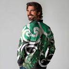 Piwakawaka New Zealand Matariki Long Sleeve Polo Shirt Maori New Year Silver Fern Green Galaxy