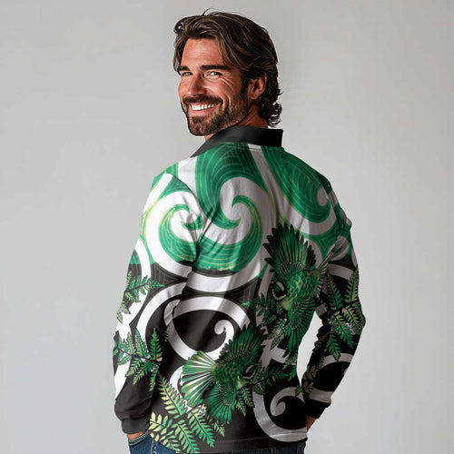 Piwakawaka New Zealand Matariki Long Sleeve Polo Shirt Maori New Year Silver Fern Green Galaxy